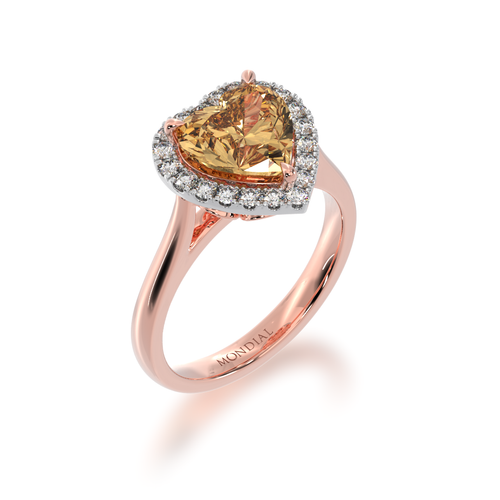 Heart shape champagne diamond halo on a rose gold band