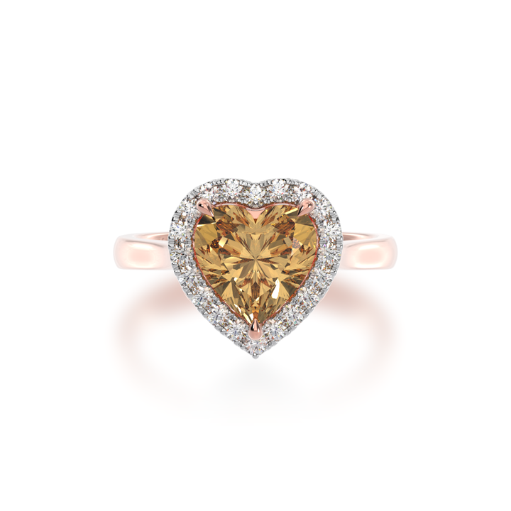 Heart shape champagne diamond halo on a rose gold band view from top