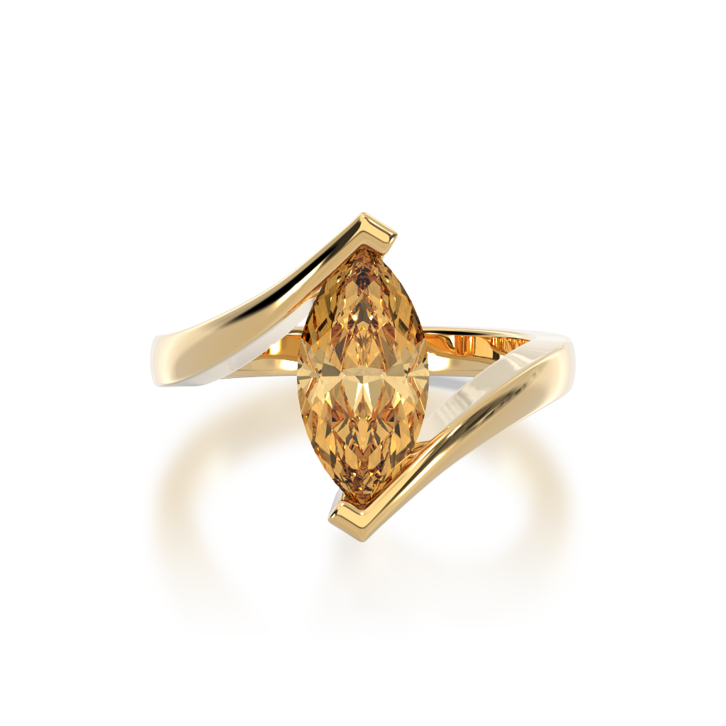 Marquise cut champagne diamond solitaire set in yellow gold bordeaux design ring view from top