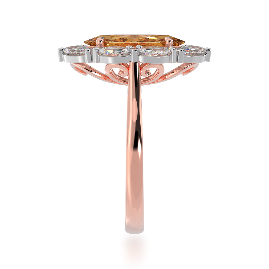 Marquise cut champagne diamond cluster ring on rose gold band view from side 