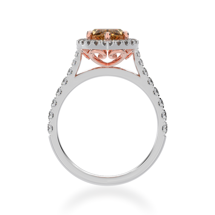 Marquise cut champagne diamond halo engagement ring with diamond set band view from front