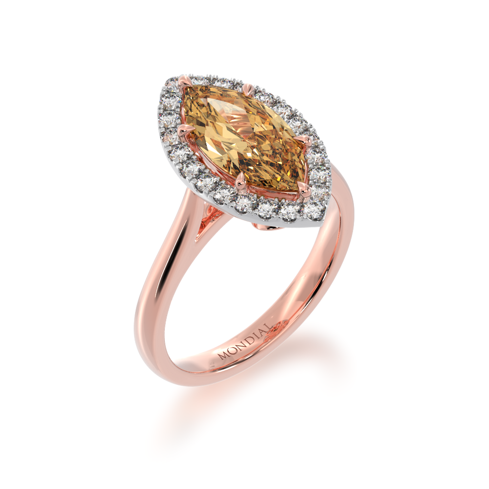 Marquise cut champagne diamond halo engagement ring on rose gold band view from angle 