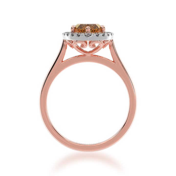 Marquise cut champagne diamond halo engagement ring on rose gold band view from front 