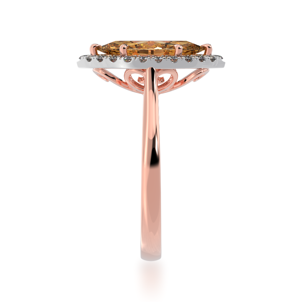 Marquise cut champagne diamond halo engagement ring on rose gold band view from side