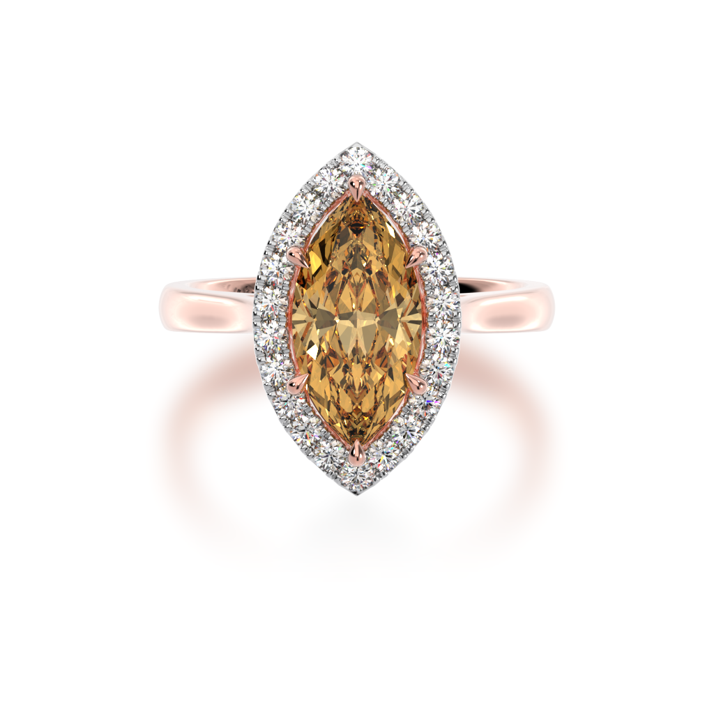 Marquise cut champagne diamond halo engagement ring on rose gold band view  from top