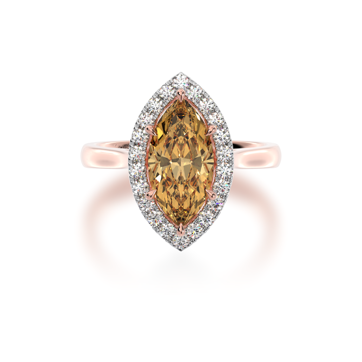 Marquise cut champagne diamond halo engagement ring on rose gold band view  from top