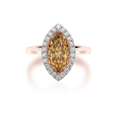 Marquise cut champagne diamond halo engagement ring on rose gold band view  from top