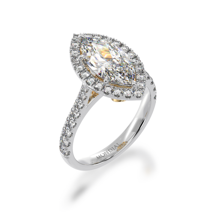 Marquise cut diamond halo engagement ring with diamond set band view from angle 