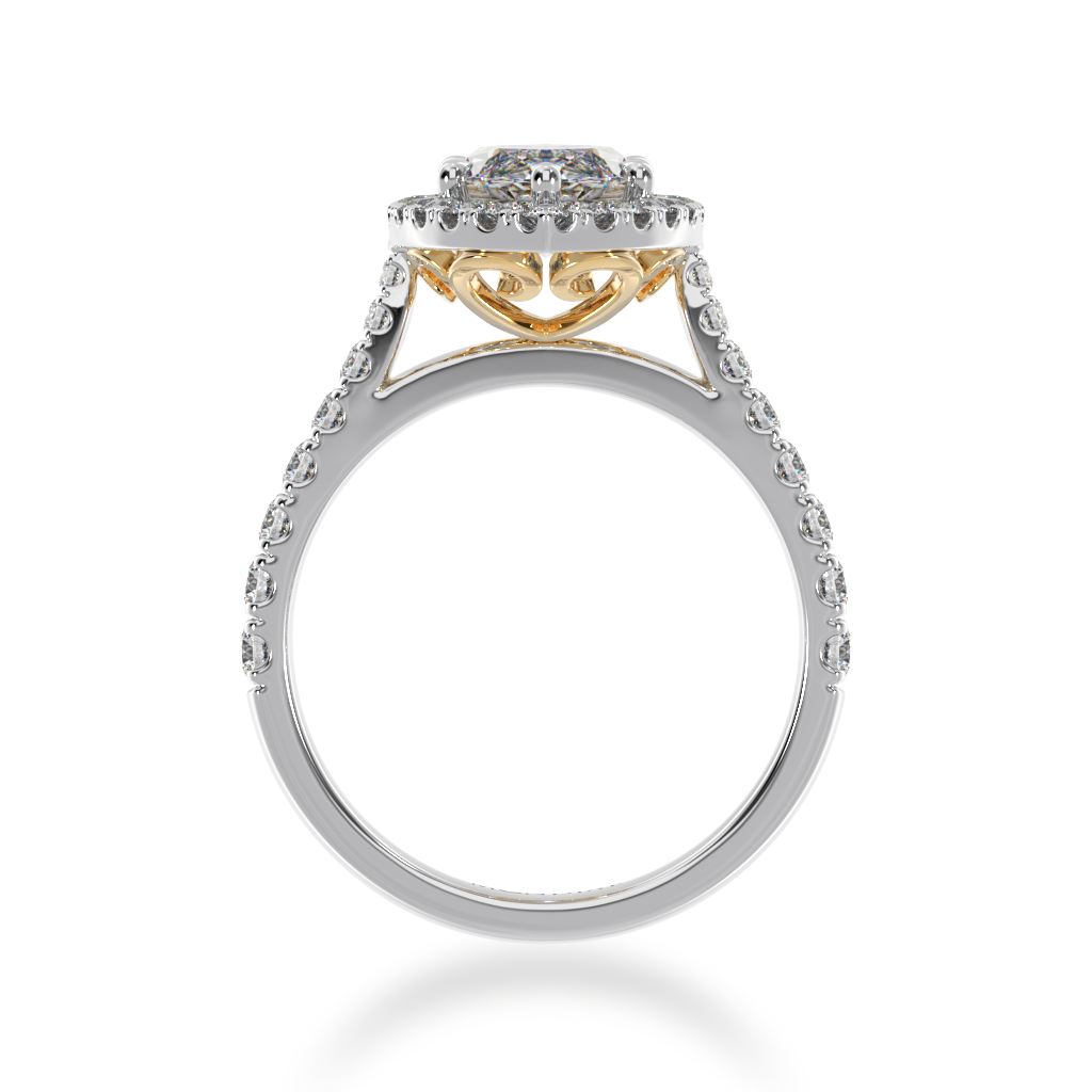 Marquise cut diamond halo engagement ring with diamond set band view from front
