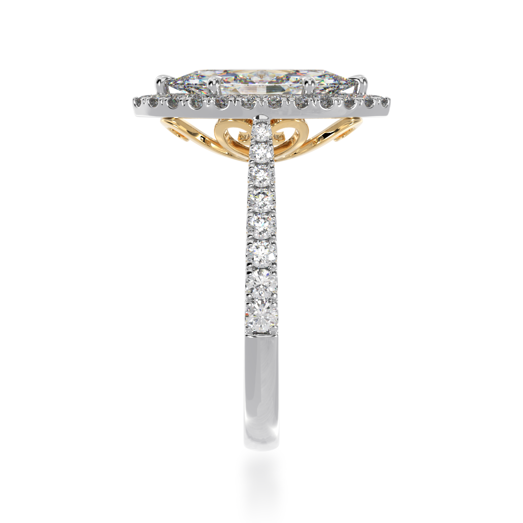 Marquise cut diamond halo engagement ring with diamond set band view from side 
