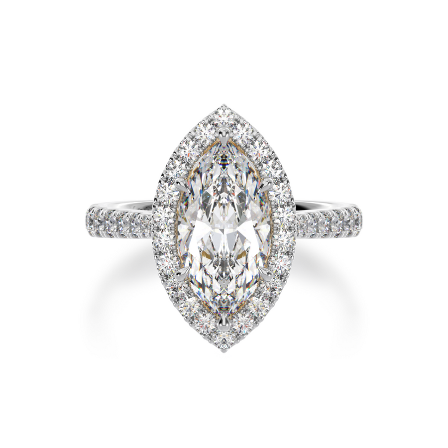 Marquise cut diamond halo engagement ring with diamond set band view from top 
