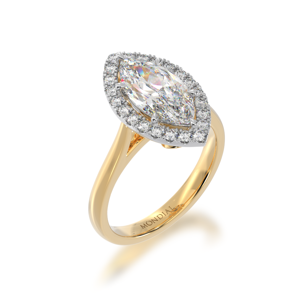        Marquise cut diamond halo engagement ring on yellow band view from angle 