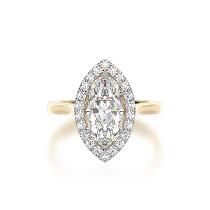 Marquise cut diamond halo engagement ring on yellow band view from top