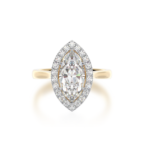 Marquise cut diamond halo engagement ring on yellow band view from top