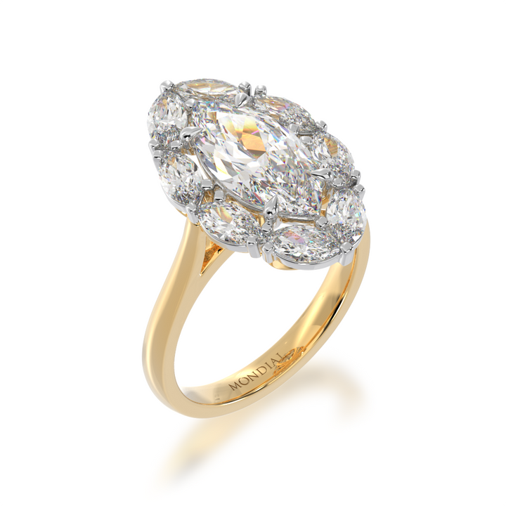 Cluster design set with marquise cut white diamonds on a yellow gold band from angle 