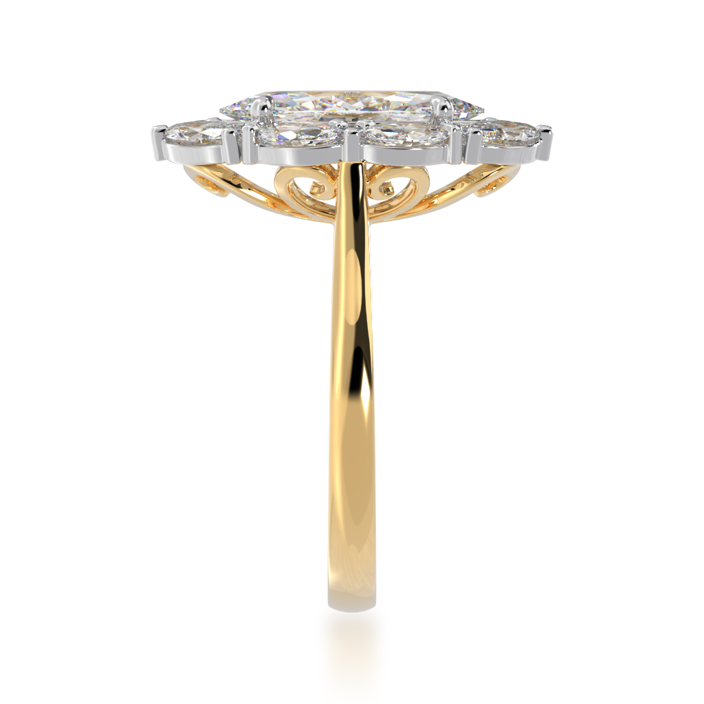 Marquise cut diamond cluster ring on yellow gold band view from side 