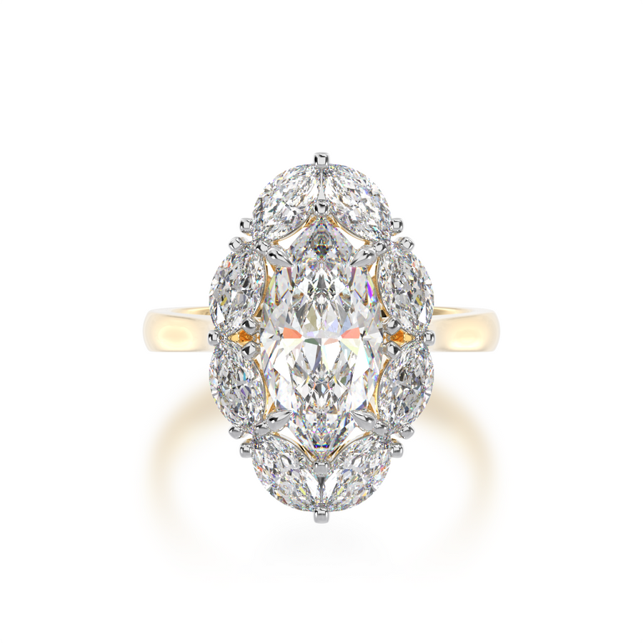 marquise cut white diamond cluster engagement ring on yellow gold band view from top