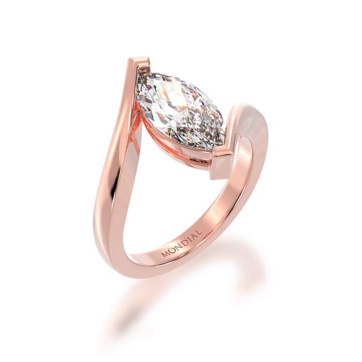 Marquise cut diamond solitaire set in rose gold bordeaux design ring view from angle