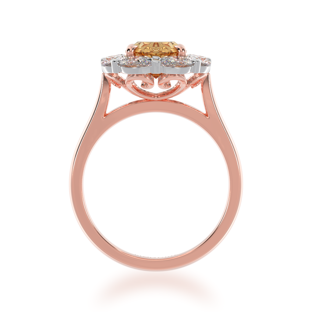Oval cut champagne diamond cluster ring on rose gold band view from front