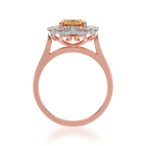 The Mondial by Nadia oval cut engagement ring with champagne diamond cluster ring on rose gold band view from front.