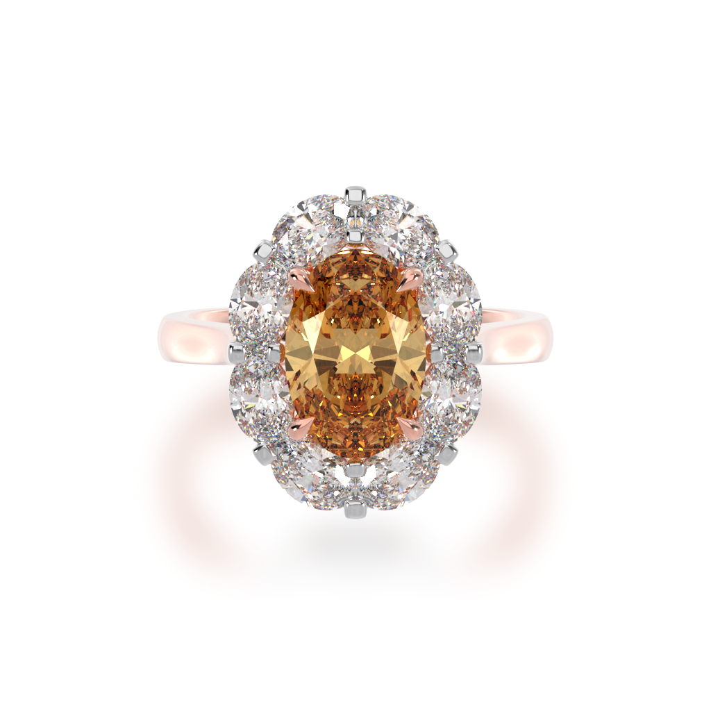 Oval cut champagne diamond cluster ring on rose gold band view from top