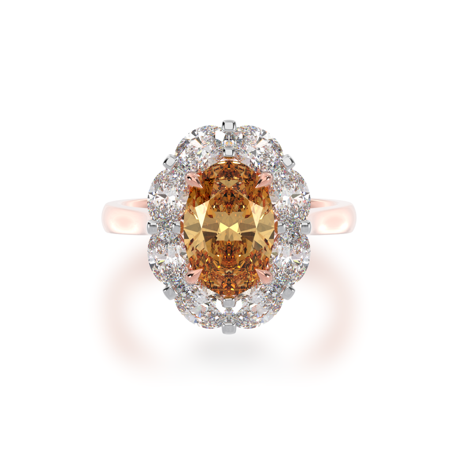 Oval cut champagne diamond cluster ring on rose gold band view from top