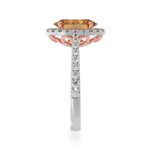 Standing side view of the Mondial by Nadia oval cut engagement ring with champagne diamond halo with diamond set band.