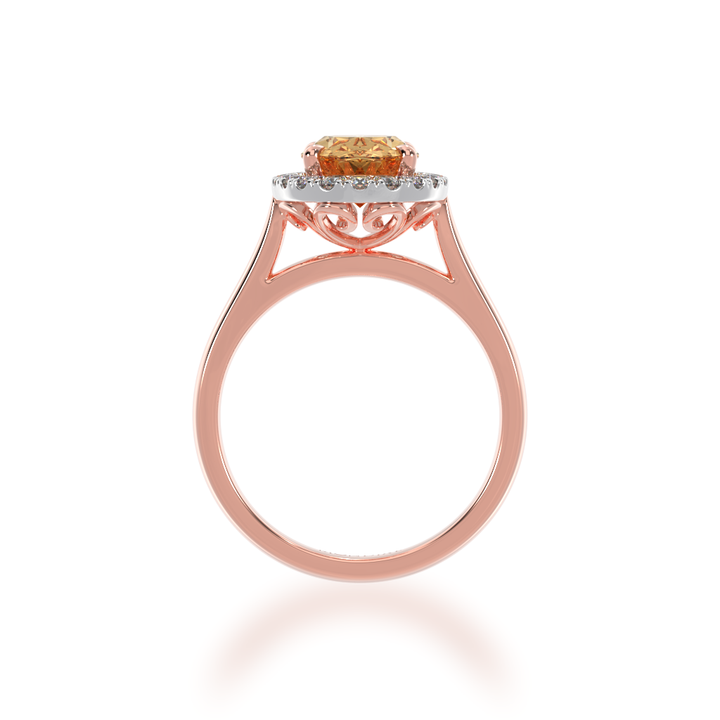 Oval cut champagne diamond halo engagement ring on rose gold band view from front