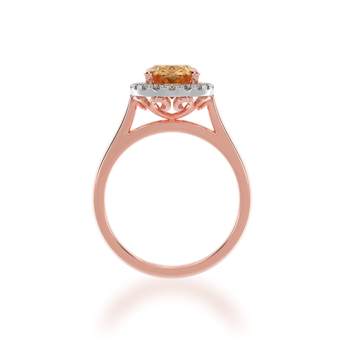 The Mondial by Nadia oval diamond ring with champagne diamond halo on rose gold band view from front.