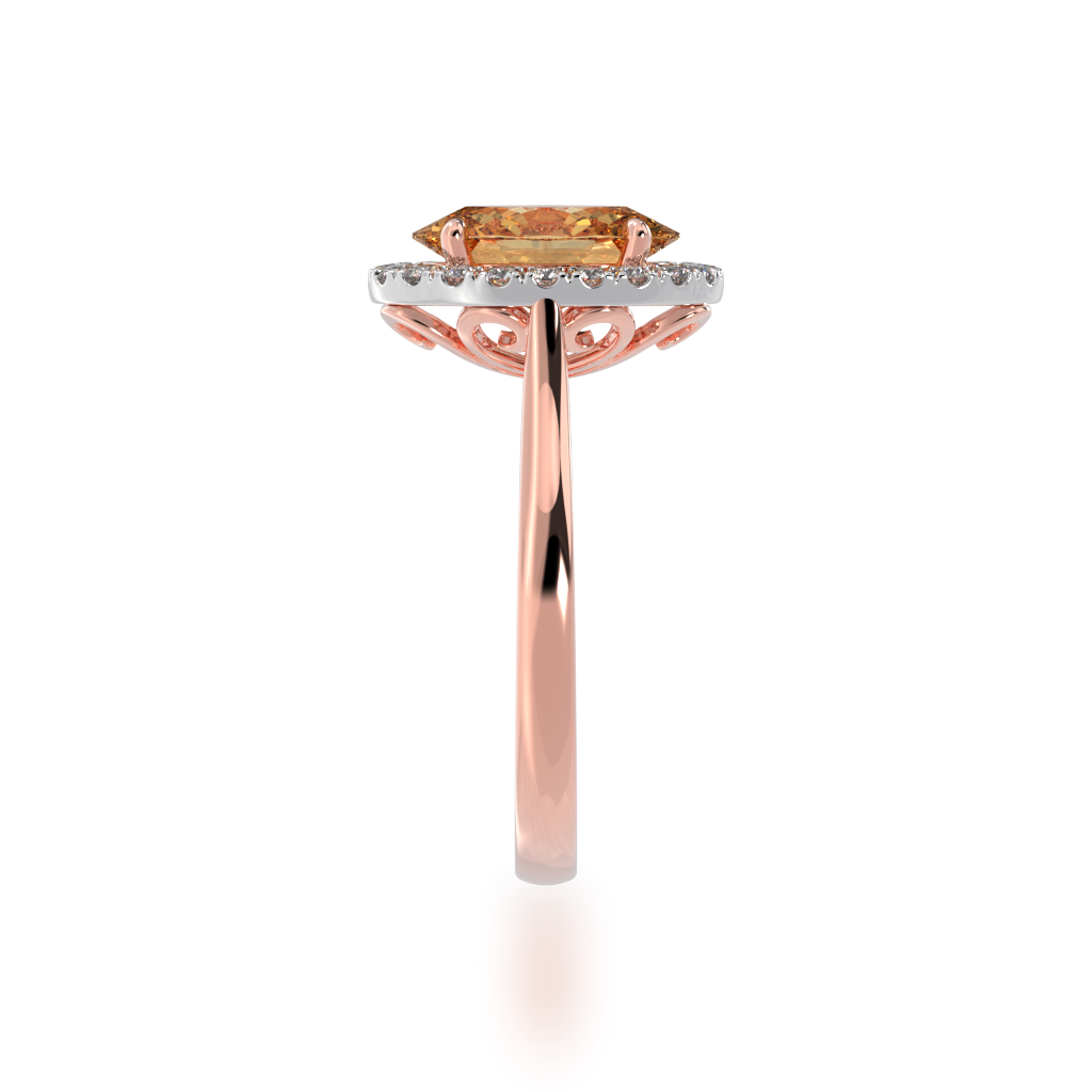Oval cut champagne diamond halo engagement ring on rose gold band view from side 