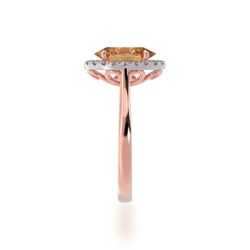 The Mondial by Nadia oval diamond ring with champagne diamond halo on rose gold band view from side.