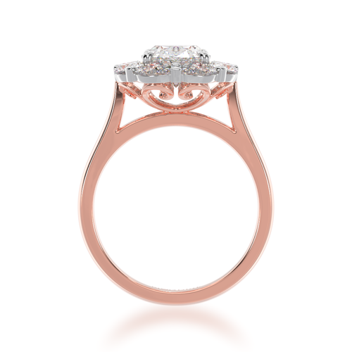 The Mondial by Nadia Cluster Oval diamond ring surrounded by an oval halo on rose gold band standing view.