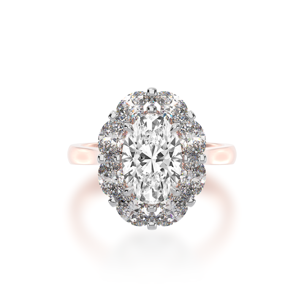 Oval diamond cluster ring surrounded by an oval halo in rose gold