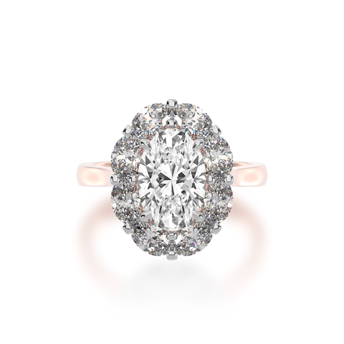 The Mondial by Nadia Cluster Oval diamond ring surrounded by an oval halo in rose gold front the front.