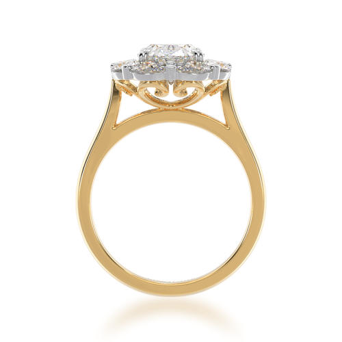 Cluster Oval diamond ring with a surrounding halo of ovals on a yellow gold band standing view.