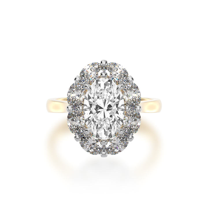 Oval diamond cluster ring with a surrounding halo of ovals on a yellow gold band