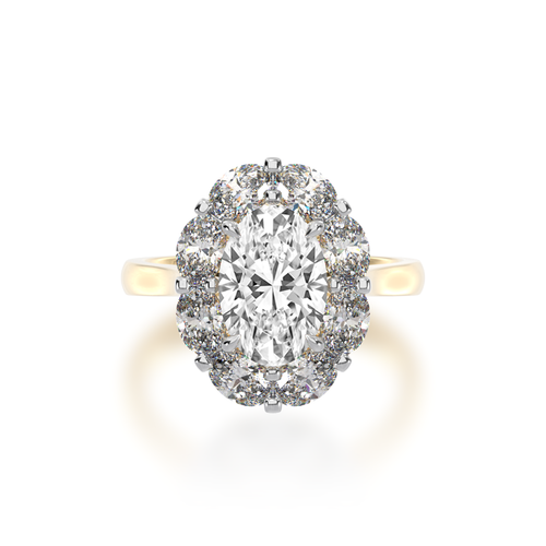 Cluster Oval diamond ring with a surrounding halo of ovals on a yellow gold band view from the front.