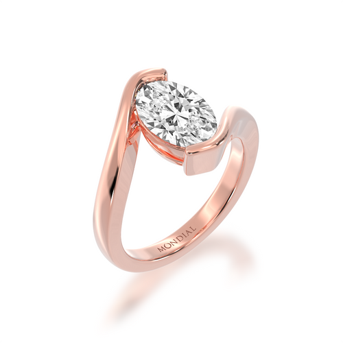 Oval cut diamond solitaire set in rose gold Bordeaux design ring standing side view.