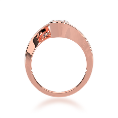 Oval cut diamond solitaire set in rose gold Bordeaux design ring standing bottom view.