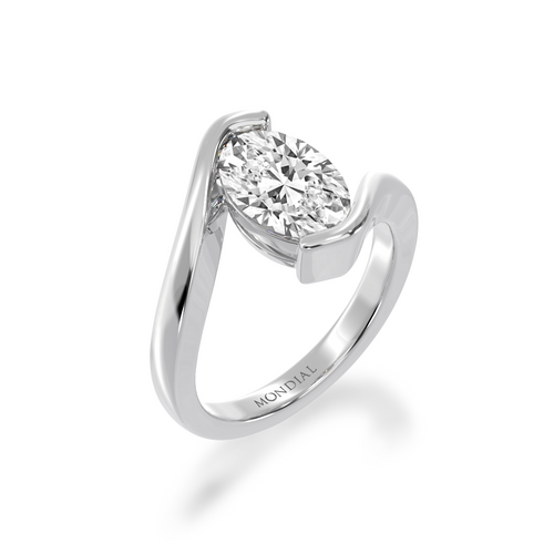 Standing 45 degree view of the Oval cut diamond solitaire set in white gold Bordeaux design ring.