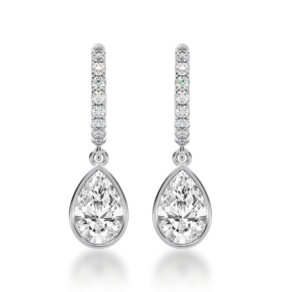 Pear shape bezel set diamond drop earrings on a diamond set huggie view from front 