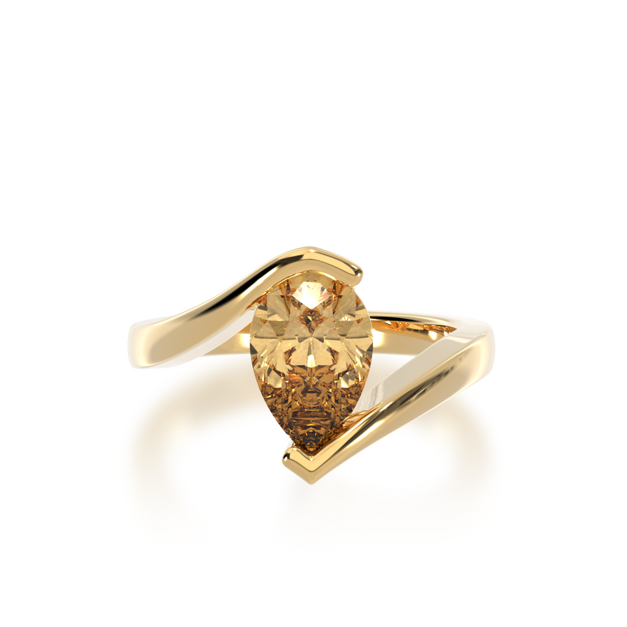 Pear shaped champagne diamond solitaire set in yellow gold bordeaux design ring view from top