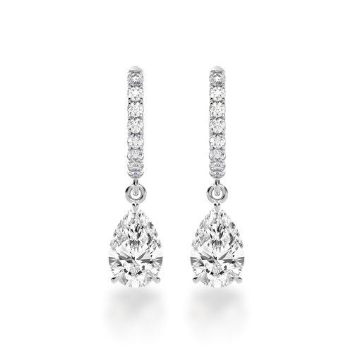 Pear shape diamond drop earrings on a diamond set huggie