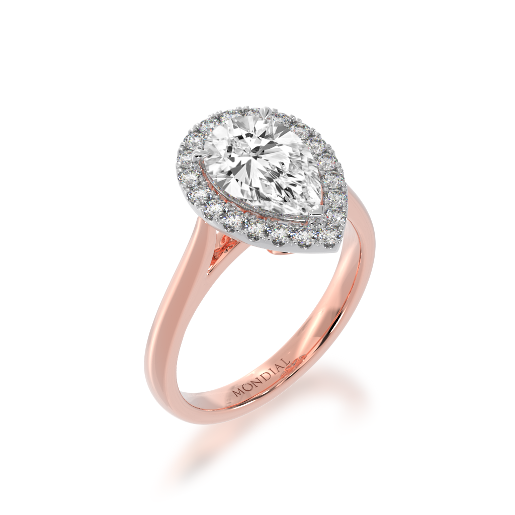Pear shape diamond halo engagement ring on rose band view from angle 