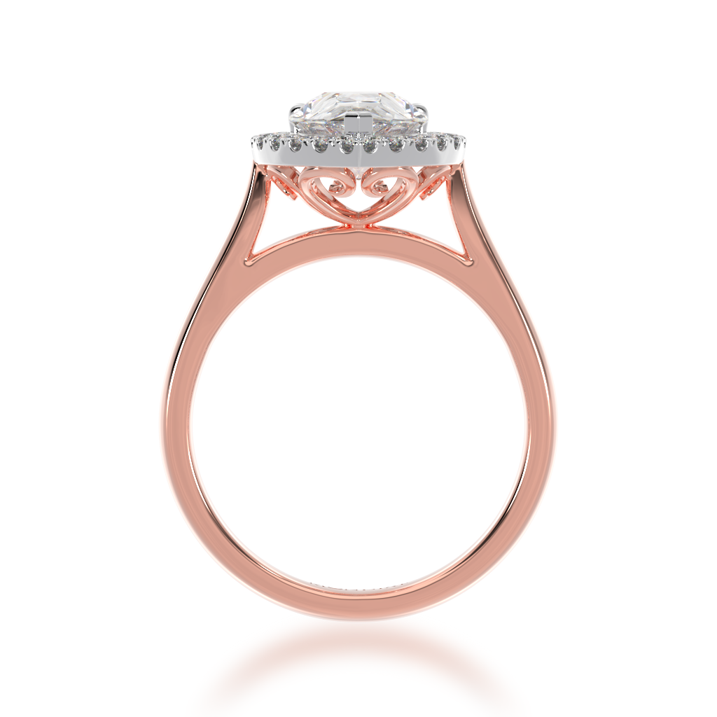 Pear shape diamond halo engagement ring on rose band view from front 