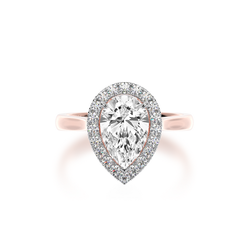 Pear shape diamond halo engagement ring on rose band view from top