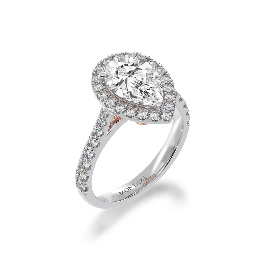 Pear shape diamond halo engagement ring with diamond set band view from angle 