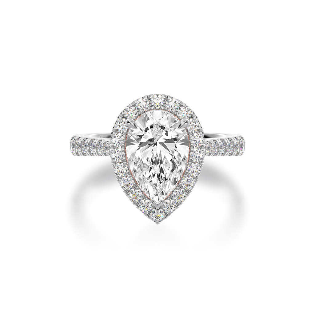 Pear shape diamond halo engagement ring with diamond set band view from top