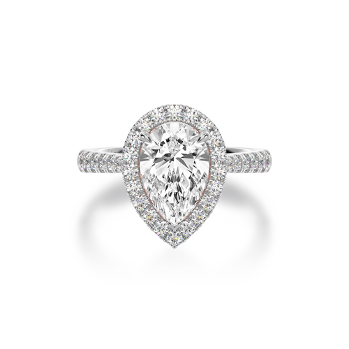 Pear shape diamond halo engagement ring with diamond set band view from top