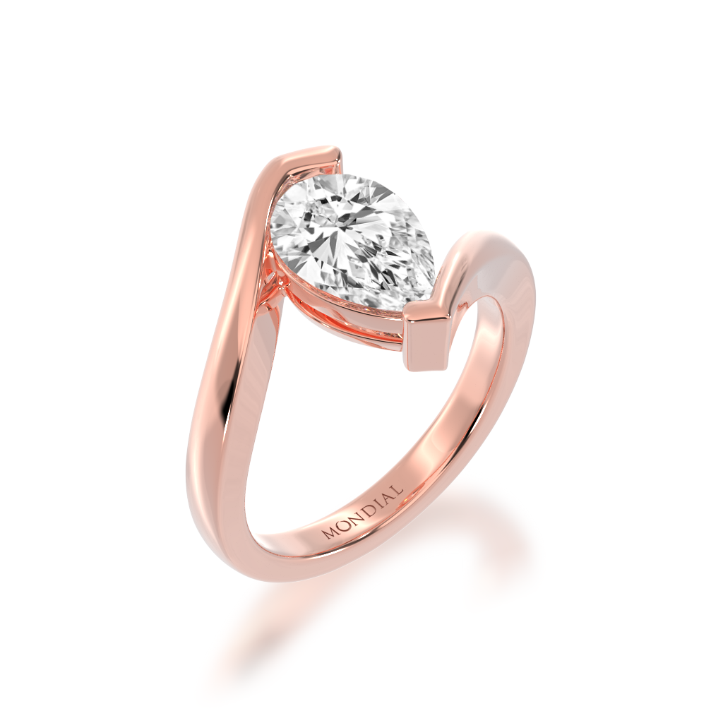 Pear shaped diamond solitaire set in rose gold bordeaux design ring view from angle